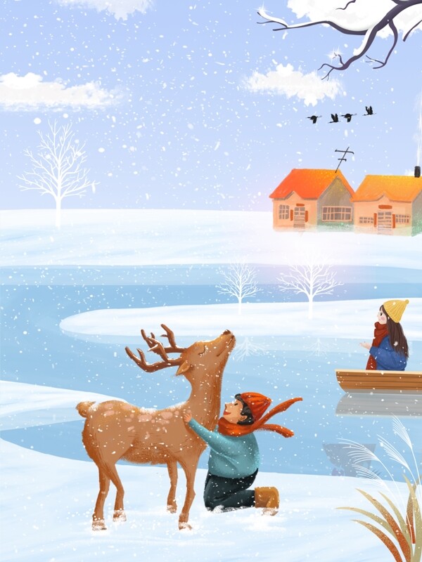 大雪节气雪地男孩麋鹿背景