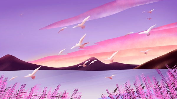落日下水面上飞舞的海鸟水彩风景画海报插画