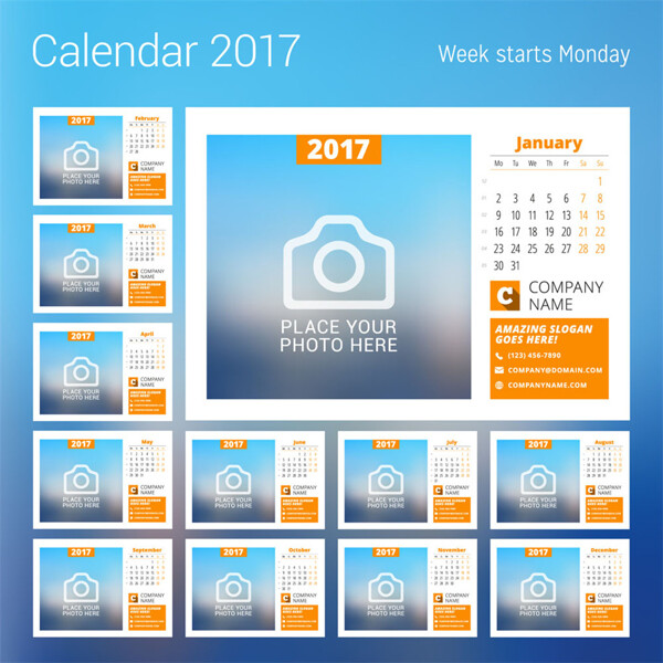 蓝色背景照相机2017年日历表图片