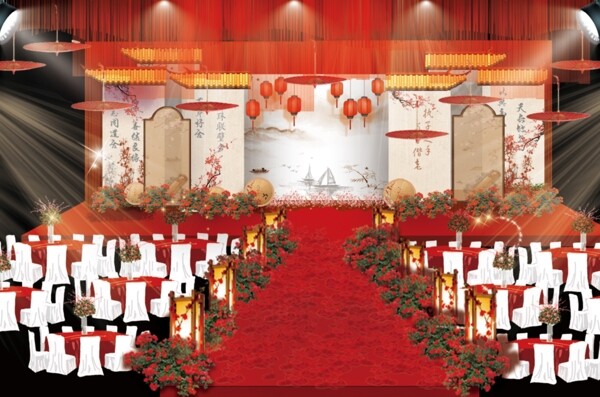 红色新中式舞台仪式区效果图