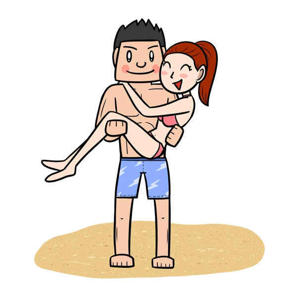 卡通夏季情侣沙滩玩耍png透明底