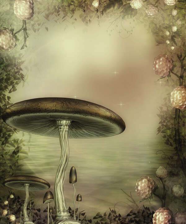 梦幻影楼童话背景蘑菇树花朵湖水图片