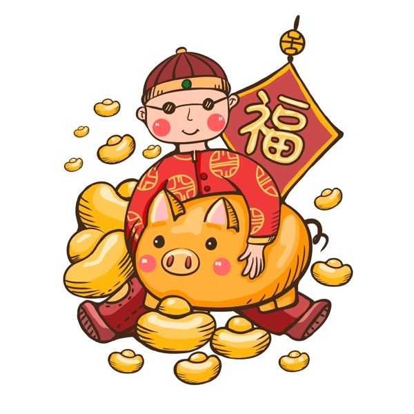 新春大吉抱着金猪的男孩喜庆元素