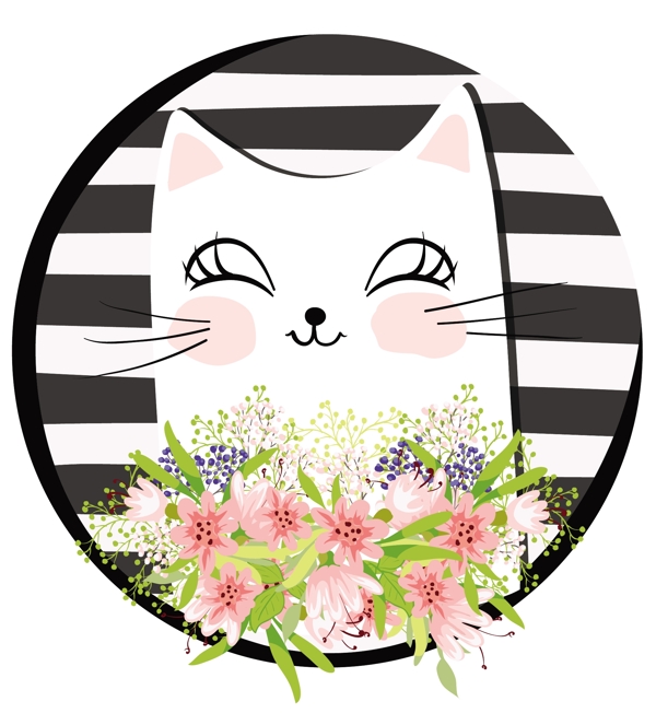 花朵花卉卡通小猫矢量图下载
