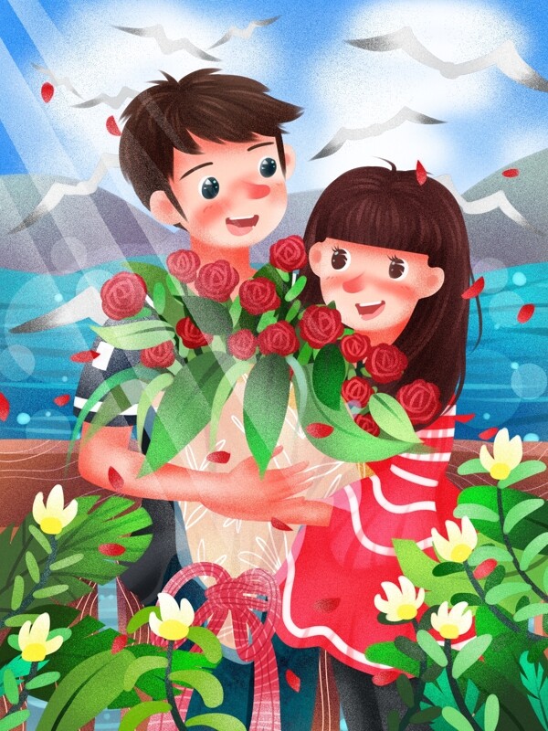 520浪漫情侣海边送玫瑰花表白清新插画