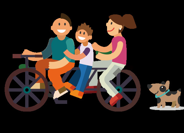卡通扁平一家人骑自行车png元素