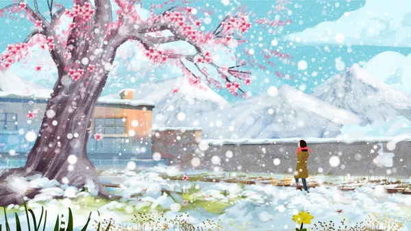 手绘原创冬天雪景二十四节气小雪大雪插画