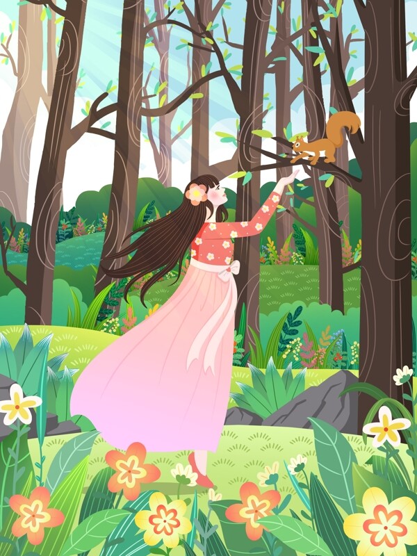 春分时节女孩森林玩耍喂食松鼠插画