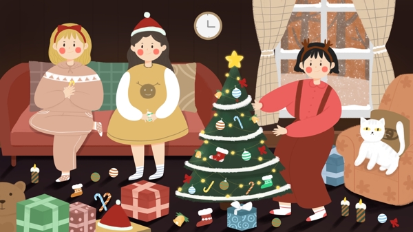 女孩们在家装饰圣诞树过圣诞节创意插画