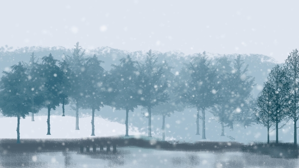 彩绘冬季雪景树林背景素材