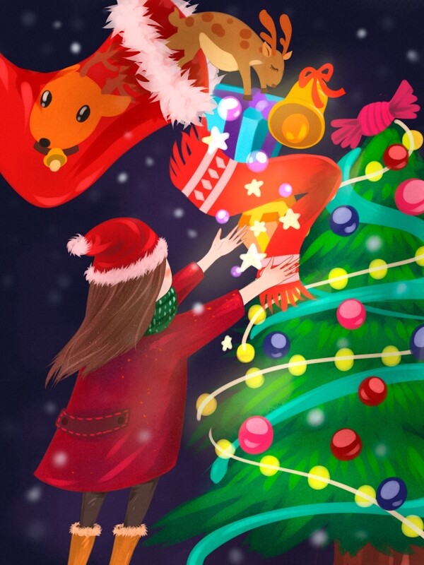 圣诞节夜晚圣诞树旁边接礼物的女孩唯美插画