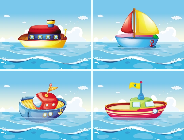 海上漂浮的四种不同类型的船