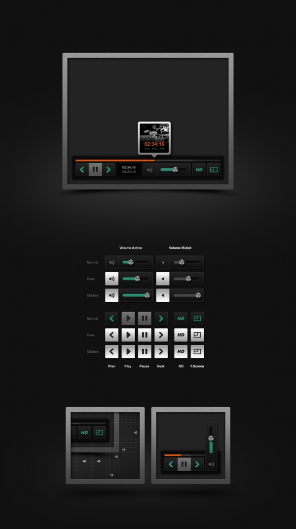 黑暗的WebUI的视频播放器盒PSD