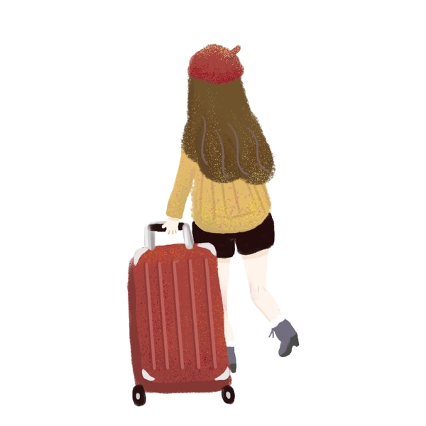 手绘清新小插画可爱精致元素拖行李回家女孩