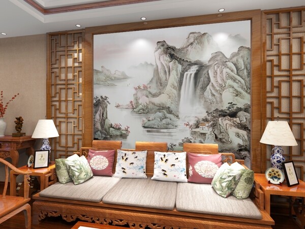 中式背景墙山水系列效果图