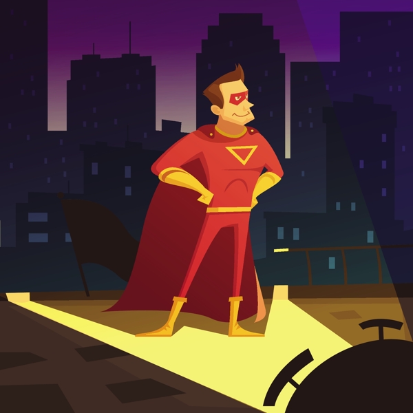卡通超人男子设计和城市背景矢量素材