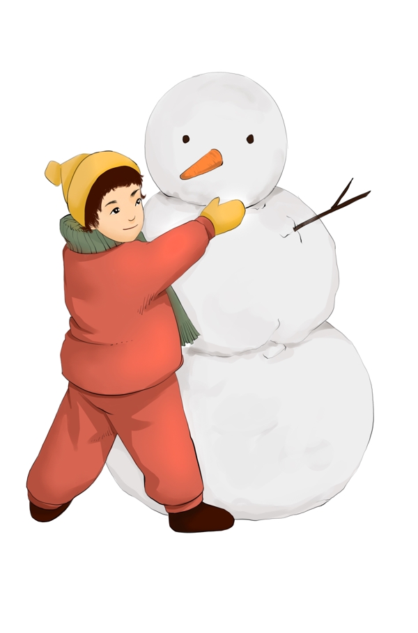 手绘冬季大雪堆雪人小孩人物插画
