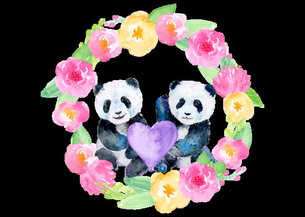 手绘花圈熊猫透明装饰图案