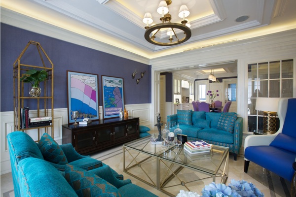 现代时尚紫蓝色背景墙室内装修效果图