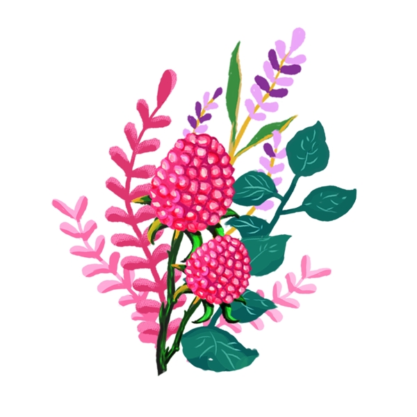 清新红色粉色红莓果绿叶植物花束手绘素材