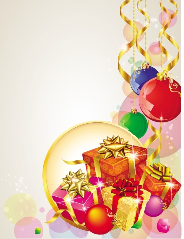 圣诞节模板饰礼品黄金和红丝带冬青叶和球矢量