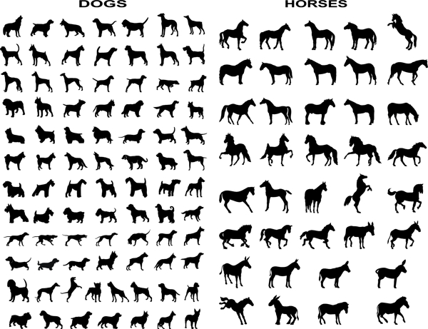 马和狗各种动作剪影矢量素材