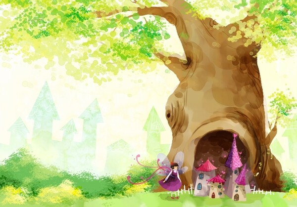手绘古树里的童话世界