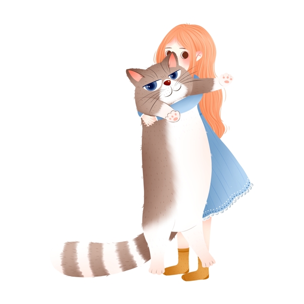 卡通可爱抱猫的女孩装饰素材