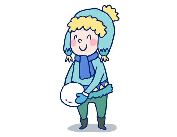 手绘卡通小美女玩雪球元素