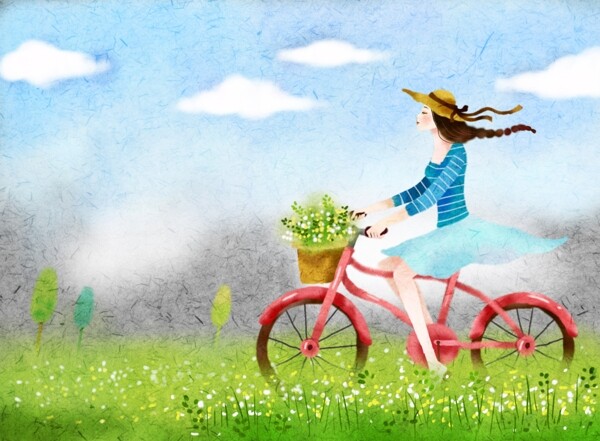 春天骑单车美女插画设计素材