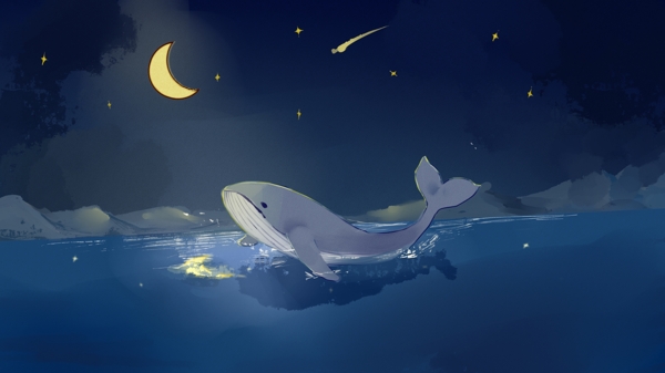 大海与大鲸夜晚插画