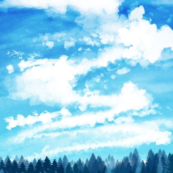 原创手绘蓝色梦幻动漫天空树林背景