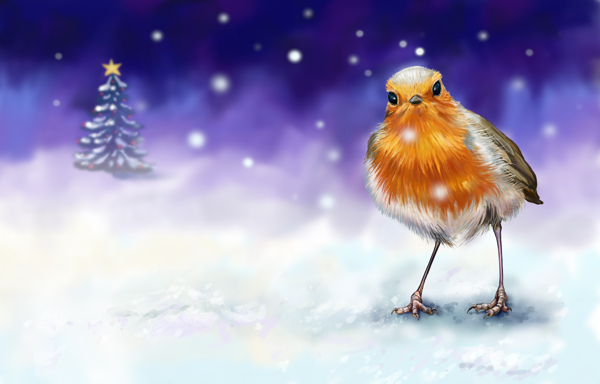 油画雪地中的小鸟图片
