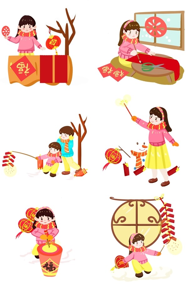 春节传统习俗写对联放鞭炮手绘插画