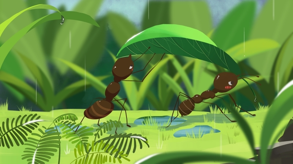 蚂蚁雨中用叶子当伞谷雨节气插画