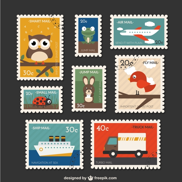 旅行与动物邮票矢量图