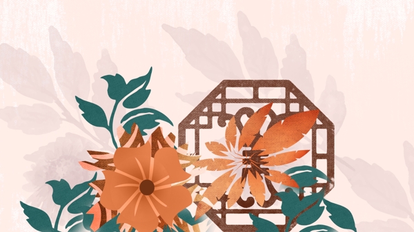 中式窗户植物插画背景手绘设计
