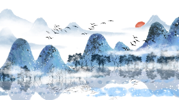 蓝色唯美中国风水墨山水插画