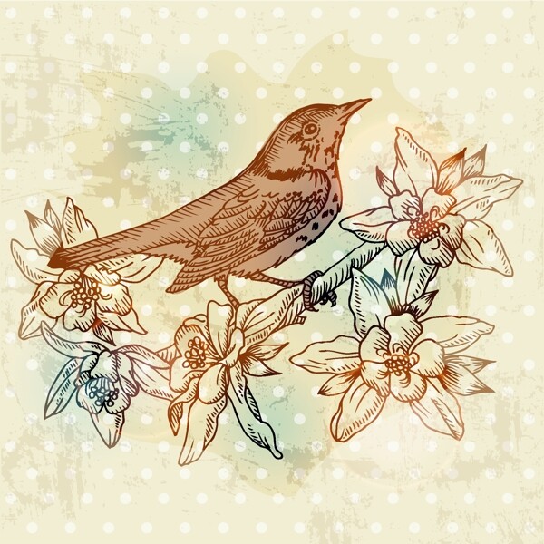 复古手绘花鸟画设计