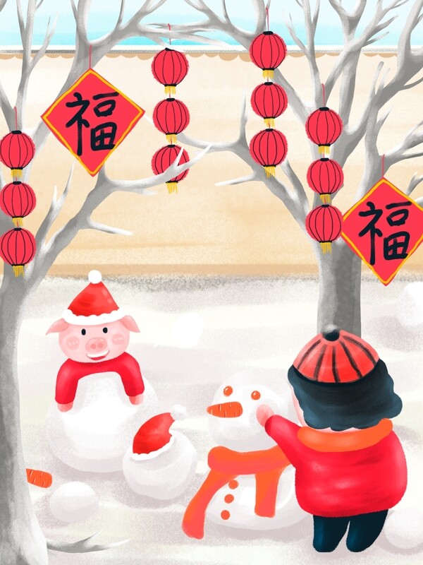 堆雪人雪景春节雪地玩耍的小猪