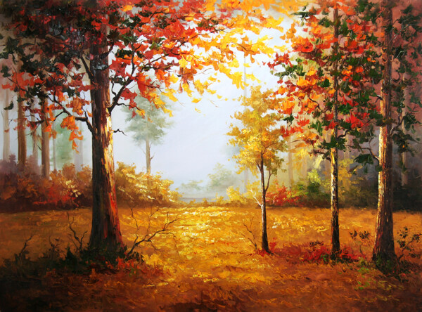 树林风景油画图片