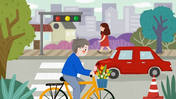 城市交通安全路口斑马线汽车行人骑自行车