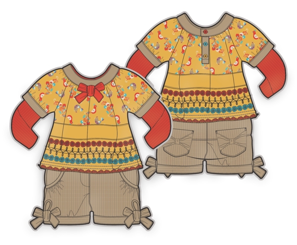 黄色假两件小女孩服装设计秋冬彩色原稿