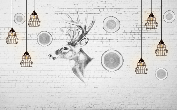 灰色墙砖个性麋鹿头灯饰壁画