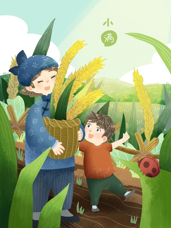节气小满之孩子跟妈妈收割小麦开心幸福瓢虫