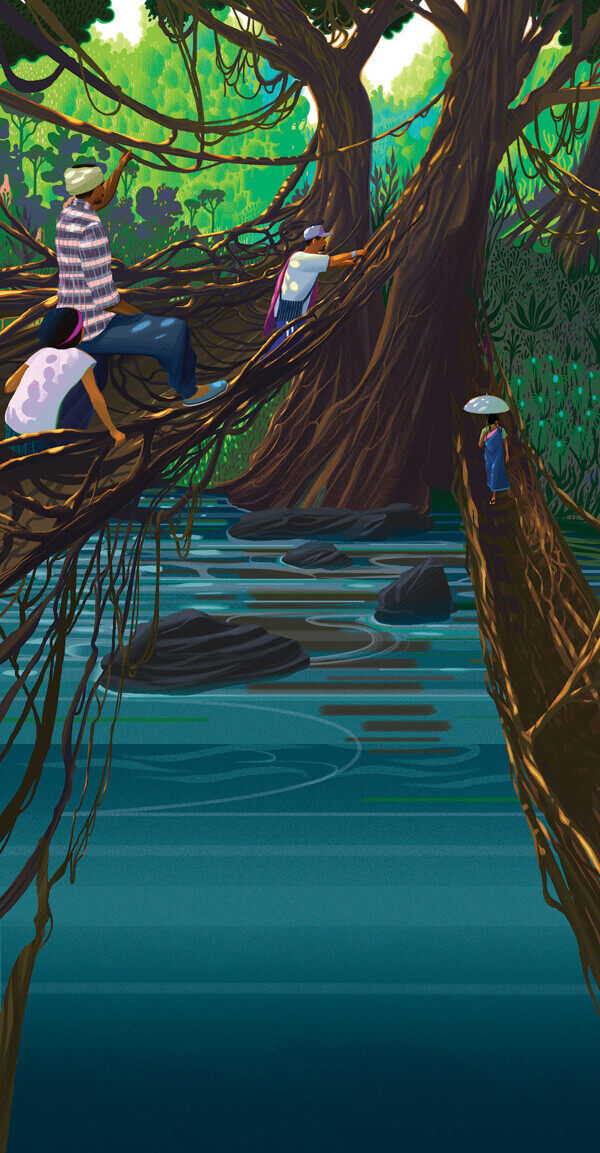 森林河流卡通插画场景背景素材图片