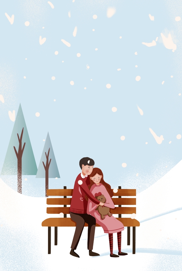 冬日公园约会情侣插画海报