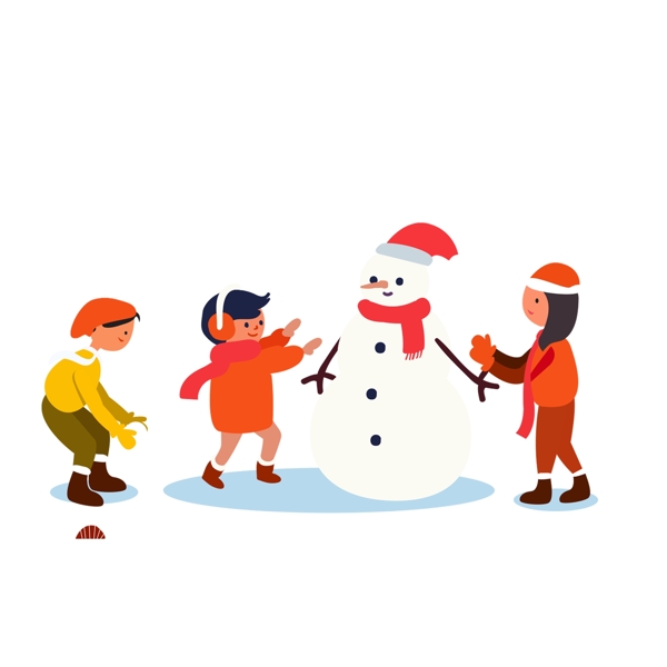 卡通圣诞节堆雪人的一群小孩