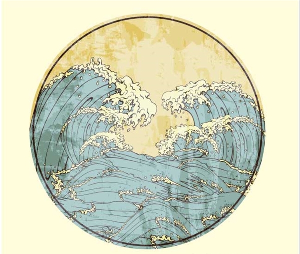 日系风格海浪复古风景素材背景