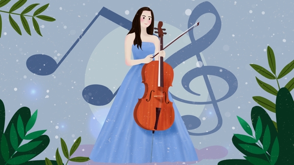 清新唯美扁平风音乐节拉大提琴的少女